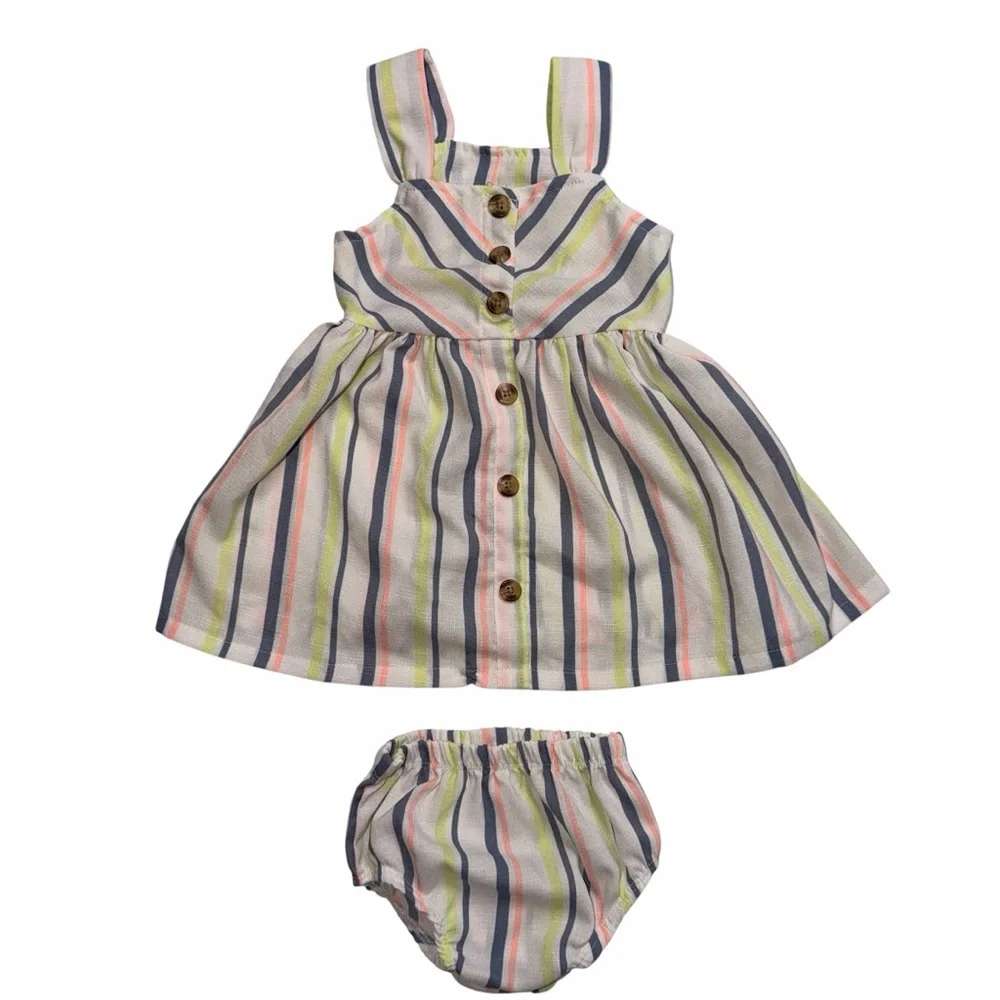 Baby Girls Pastel Striped Sundress Bloomers Set Size 9-12M Button Front